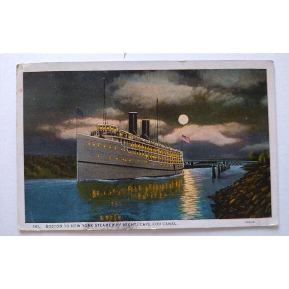Ship Boat Postcard Steamer By Night Moon Light Cap Cod Canal Boston To New York - Picture 2 of 3